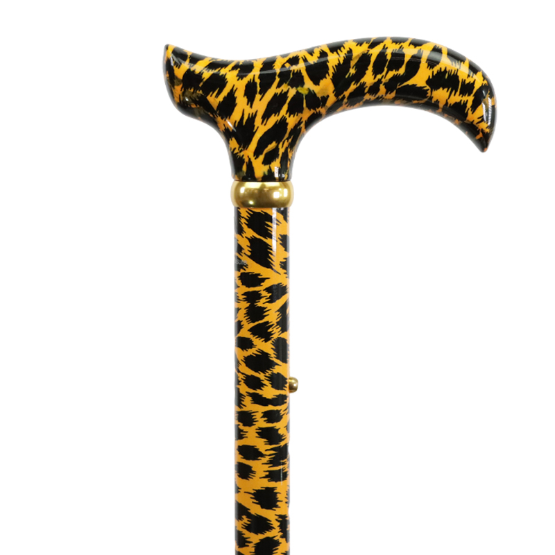 Adjustable Folding Leopard Pattern Derby Handle Walking Stick